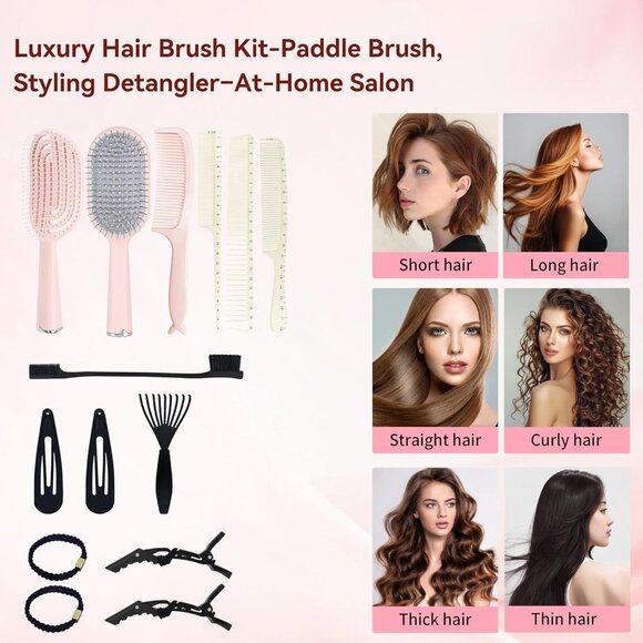 Hair Brush Set with Combs Accessories Gift Box Pink Dense Nylon Bristles - Picture 4 of 9